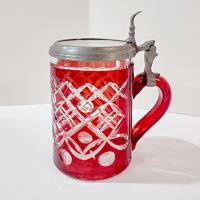 Vintage Czech Bohemian Ruby Red Flashed Cut to Clear Glass Beer Stein with Pewter Hinged Lid