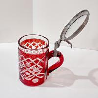 Vintage Czech Bohemian Ruby Red Flashed Cut to Clear Glass Beer Stein with Pewter Hinged Lid