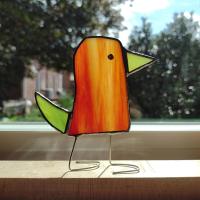 Stained Glass Standing Bird, Funky Red and Green Glass Bird Suncatcher, Bird Lover Gift, Windowsill Sitter