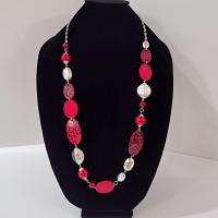 Vintage Red Leopard Print and Silver Beaded 30" Adjustable Necklace, Animal Print Jewelry