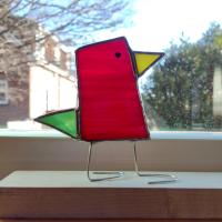 Stained Glass Standing Bird, Funky Glass Bird, Red and Green Bird Suncatcher, Windowsill Free Standing Bird