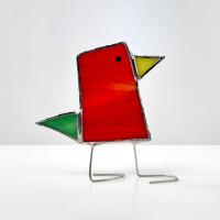 Stained Glass Standing Bird, Funky Glass Bird, Red and Green Bird Suncatcher, Windowsill Free Standing Bird