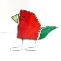 Stained Glass Standing Bird, Funky Glass Bird, Red and Green Bird Suncatcher, Windowsill Sitter Free Standing Bird