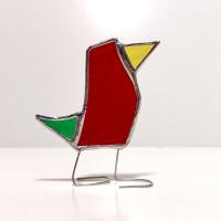 Stained Glass Standing Bird, Funky Glass Bird, Red and Green Bird Suncatcher, Windowsill Free Standing Bird