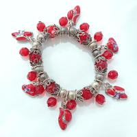 Vintage Red Hat Society Enamel and Rhinestone Elastic Charm Bracelet