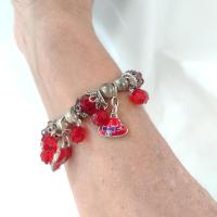 Vintage Red Hat Society Enamel and Rhinestone Elastic Charm Bracelet