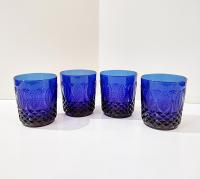 Vintage Arcoroc Avon Royal Sapphire Blue Old Fashioned Whisky Lowball Glasses, Set of Four, Cobalt Blue Drinking Glasses with Diamond Leaf Pattern