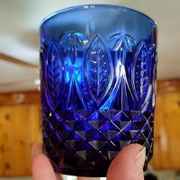 Vintage Arcoroc Avon Royal Sapphire Blue Old Fashioned Whisky Lowball Glasses, Set of Four, Cobalt Blue Drinking Glasses with Diamond Leaf Pattern