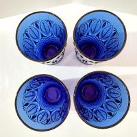 Vintage Arcoroc Avon Royal Sapphire Blue Flat Tumblers, Set of Four, Cobalt Blue Drinking Glasses with Diamond Leaf Pattern