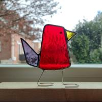 Stained Glass Standing Bird, Funky Glass Bird, Red and Purple Bird Suncatcher, Windowsill Free Standing Bird