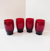 Vintage Anchor Hocking Footed Baltic Ruby Red 12 Ounce Water Goblets, Tumbler Glasses, Set of Four