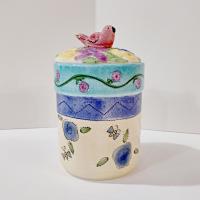 Vintage Sango Birds and the Bees Ceramic Canister, Pink Bird Lid