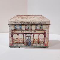 Vintage H. G. Saunders Ian Logan Hinged Lid Tin, House Shaped Storage Tin Box