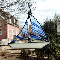 Stained Glass Sailboat Suncatcher, Blue and White Striped