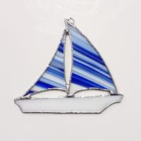 Stained Glass Sailboat Suncatcher, Blue and White Striped