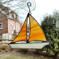 Stained Glass Sailboat Suncatcher, Orange and White Boat Ornament