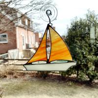Stained Glass Sailboat Suncatcher, Orange and White Boat Ornament
