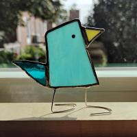 Stained Glass Standing Bird, Funky Blue Glass Bird Suncatcher, Bird Lover Gift, Windowsill Sitter