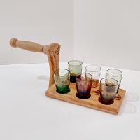 Wooden Shot Glass Holder Server with Six Etched Multi Colored Shot Glasses