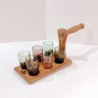 Wooden Shot Glass Holder Server with Six Etched Multi Colored Shot Glasses