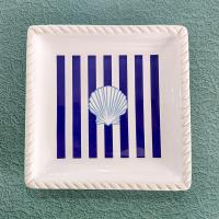 Vintage Blue and White Striped Sea Shell Square Plates, Set of Two, Nautical Beach Dinnerware