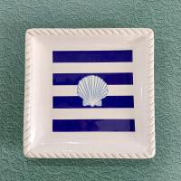Vintage Blue and White Striped Sea Shell Square Plates, Set of Two, Nautical Beach Dinnerware