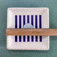 Vintage Blue and White Striped Sea Shell Square Plates, Set of Two, Nautical Beach Dinnerware