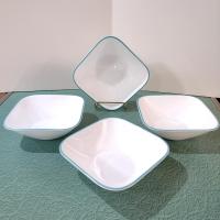 Corelle South Beach Raindrops Square Cereal Salad Bowls, Set of Four, White Bowls with Turquoise Teal Blue Rims