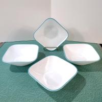 Corelle South Beach Raindrops Square Cereal Salad Bowls, Set of Four, White Bowls with Turquoise Teal Blue Rims