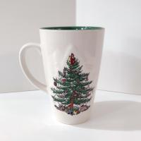 Vintage Spode Christmas Tree Latte Mug with Original Box, Green Interior and Raised Design, 1938 - Current Backstamp