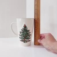 Vintage Spode Christmas Tree Latte Mug with Original Box, Green Interior and Raised Design, 1938 - Current Backstamp