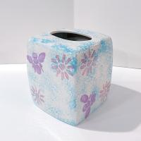 Vintage Blue Sponged Ceramic Square Tissue Box Cover Holder with Pink and Purple Flowers and Bumble Bees