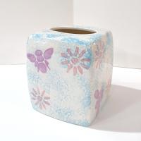 Vintage Blue Sponged Ceramic Square Tissue Box Cover Holder with Pink and Purple Flowers and Bumble Bees