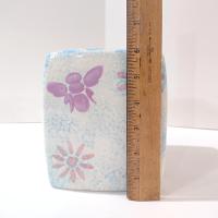 Vintage Blue Sponged Ceramic Square Tissue Box Cover Holder with Pink and Purple Flowers and Bumble Bees
