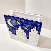 Vintage Ceramic Narrow Rectangular Planter Pot, Sun Moon Stars City Scape Flower Vase, Italian Pottery Windowsill Planter