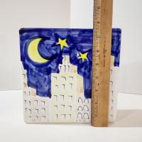 Vintage Ceramic Narrow Rectangular Planter Pot, Sun Moon Stars City Scape Flower Vase, Italian Pottery Windowsill Planter