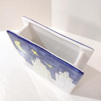 Vintage Ceramic Narrow Rectangular Planter Pot, Sun Moon Stars City Scape Flower Vase, Italian Pottery Windowsill Planter