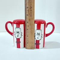 Vintage Red and White Striped Movie Popcorn Box Salt and Pepper Shaker Set with Anthropomorphic Characters, Large Handled Kitchen Shakers