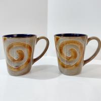 Vintage Brown and Tan Swirled Ceramic Coffee Tea Mugs, Set of Two, Oversized Stoneware Mugs