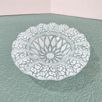 Vintage Sydenstricker Fused Glass Ruffled White and Clear Floral Bowl, Trinket Jewelry Dish