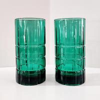 Vintage Anchor Hocking Dark Green Tartan Flat Iced Tea Glasses Tumblers, Set of Two
