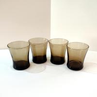 Anchor Hocking Linden Mocha Smoky Brown Short Flat Tumblers, Set of Four, Vintage Rocks Whiskey Glasses
