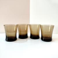 Anchor Hocking Linden Mocha Smoky Brown Short Flat Tumblers, Set of Four, Vintage Rocks Whiskey Glasses