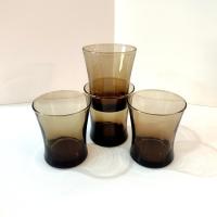 Anchor Hocking Linden Mocha Smoky Brown Short Flat Tumblers, Set of Four, Vintage Rocks Whiskey Glasses