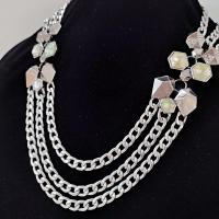 Vintage Silver Toned Triple Chain Statement Necklace with Rhinestones and Dichroic Cabochons, Adjustable Length 21" to 23"