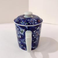 Vintage Ceramic Tea Cup with Lid and Tea Infuser, Hand Painted Blue Floral Chinese Tea Cup
