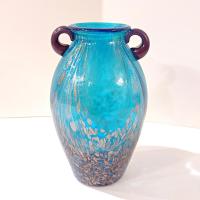 Vintage Dale Tiffany Peacock Blue Favrile Glass Amphora Vase with Copper Flecks and Amethyst Handles