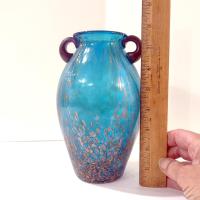 Vintage Dale Tiffany Peacock Blue Favrile Glass Amphora Vase with Copper Flecks and Amethyst Handles