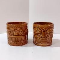 Vintage Ceramic Tiki Mugs, Set of Two, 2002 Accoutrements Double Sided Two Face Tiki Cups, Tropical Barware, Tiki Man Pot Planter