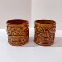 Vintage Ceramic Tiki Mugs, Set of Two, 2002 Accoutrements Double Sided Two Face Tiki Cups, Tropical Barware, Tiki Man Pot Planter